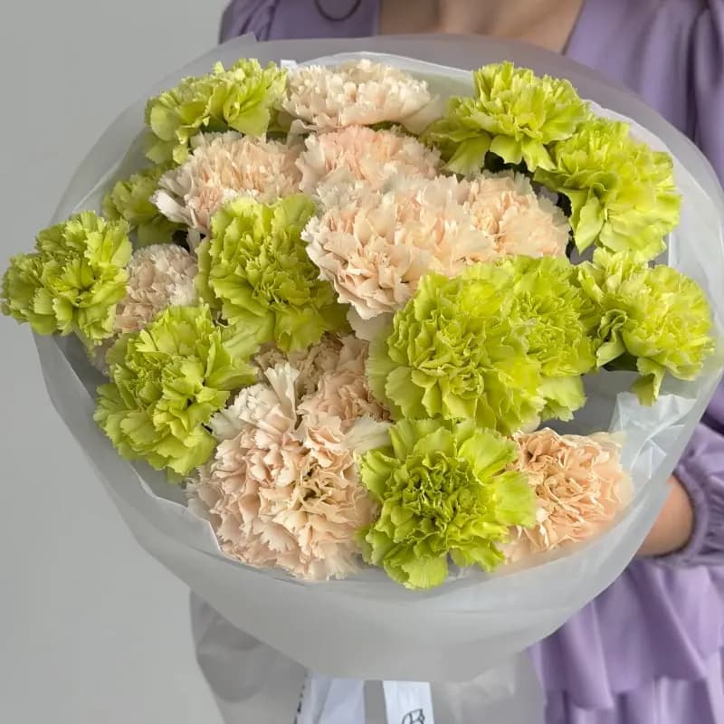 Букет из 25 кремовых и зелёных гвоздик "PISTACHIO MILK" — Фото 6
