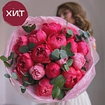 Букет из 15 пионов с эвкалиптом "CORAL POP"